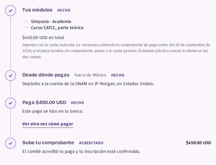 Los cuatro pasos de la inscripción marcados como hechos, con el comprobante acreditado.