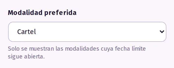 Campo «Modalidad preferida» del formulario de nuevo resumen.