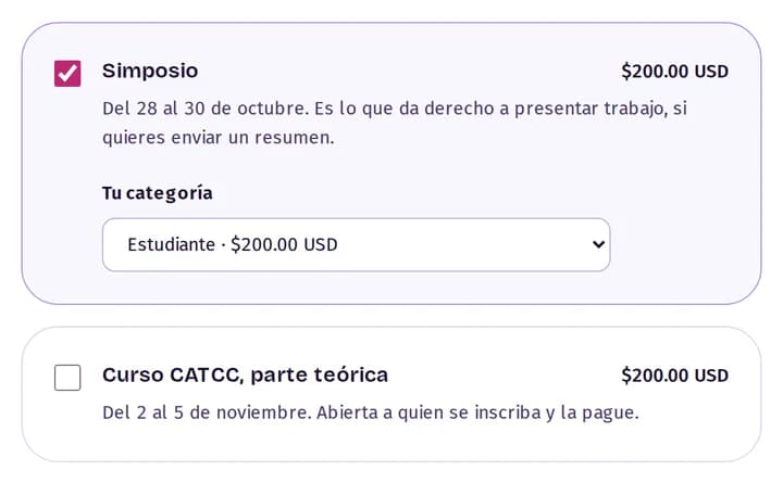Opciones de inscripción: simposio con su categoría de cuota, y curso teórico, cada una con su casilla y su importe.
