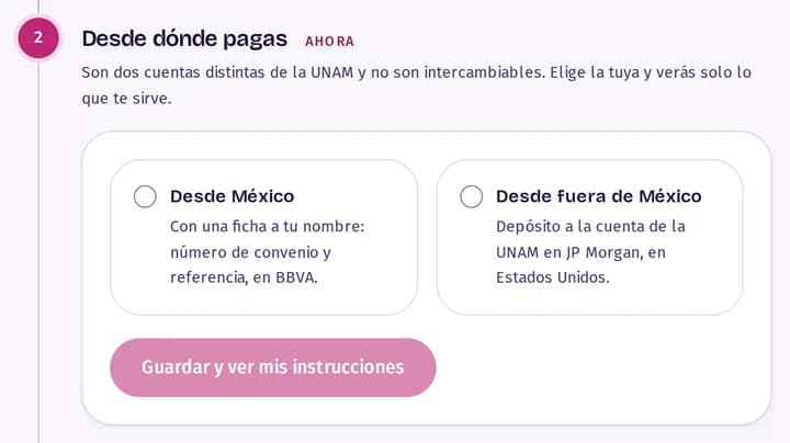 Paso «Desde dónde pagas» con las dos opciones, desde México o desde fuera de México.