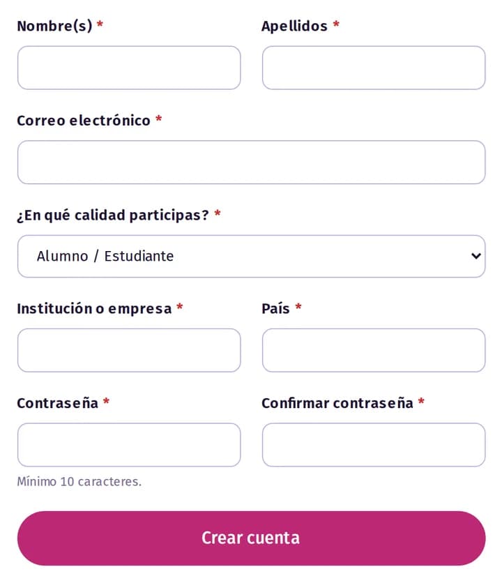 Formulario de registro con nombre, correo, calidad en que participas, institución, país y contraseña.