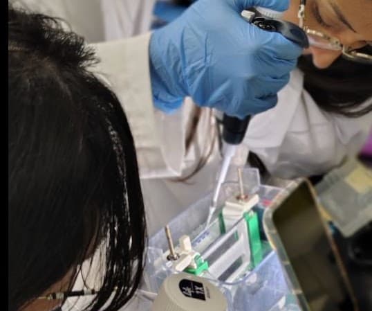 Dos personas pipetean en un banco de laboratorio durante una práctica.