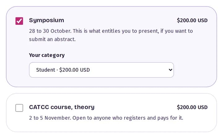 Registration options: symposium with its fee category, and theory course, each with its checkbox and amount.