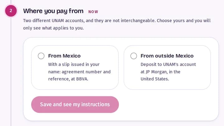 The «Where you pay from» step with its two options, from Mexico or from abroad.