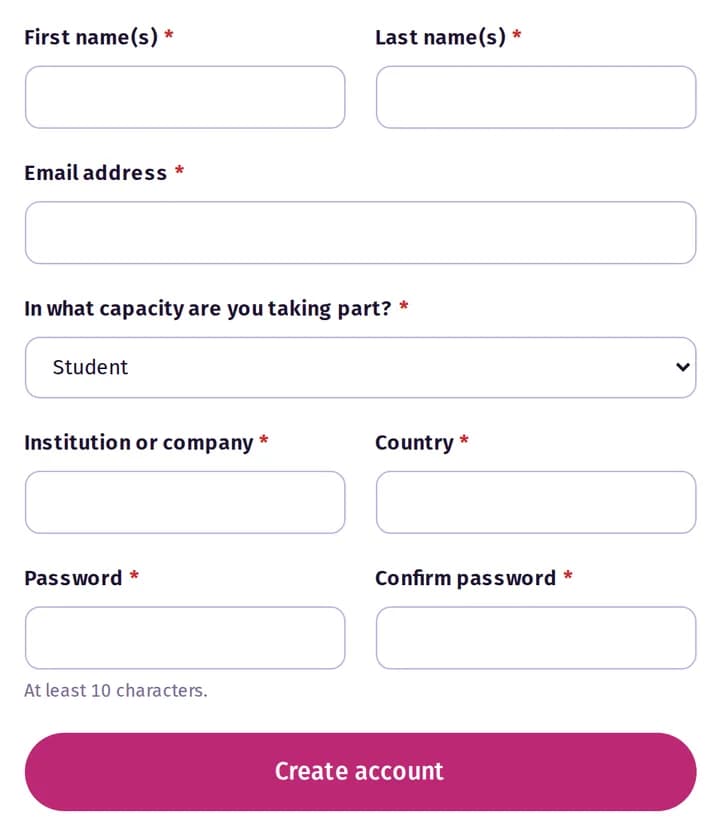 Sign-up form with name, email, role, institution, country and password.
