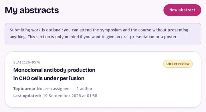 The «My abstracts» list with a submitted work and its status, «Under review».